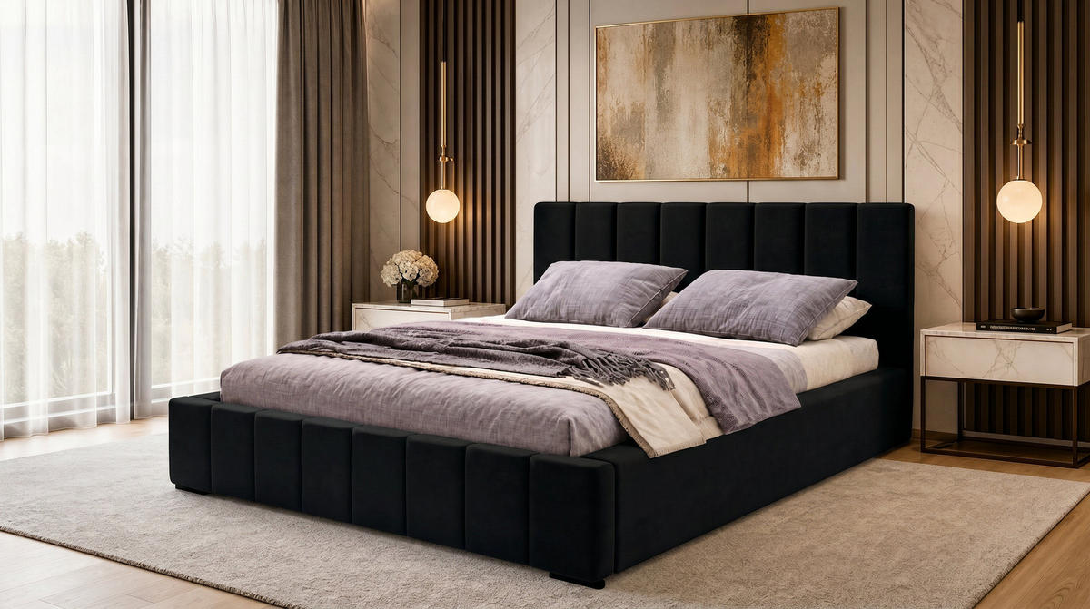 MARPUR Polsterbett NERO 180x200 cm mit Bettkasten und Lattenrost, Schwarz - Chromfarben/Schwarz, Holz/Holzwerkstoff (180/200cm) - Marpur