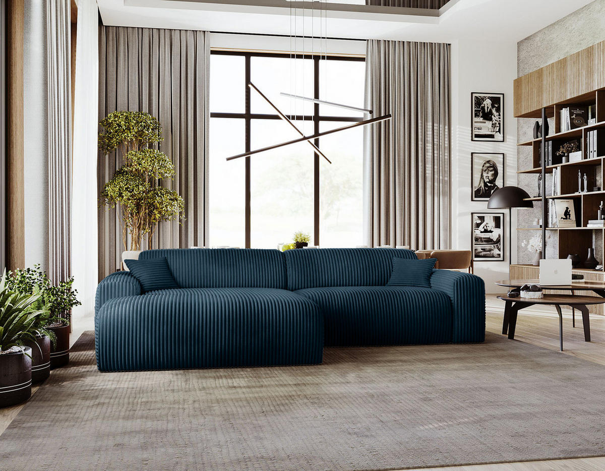 ECKSOFA mit Longchair - Cord - Blaugrau/Schwarz, Kunststoff/Textil (284/178cm) - home24