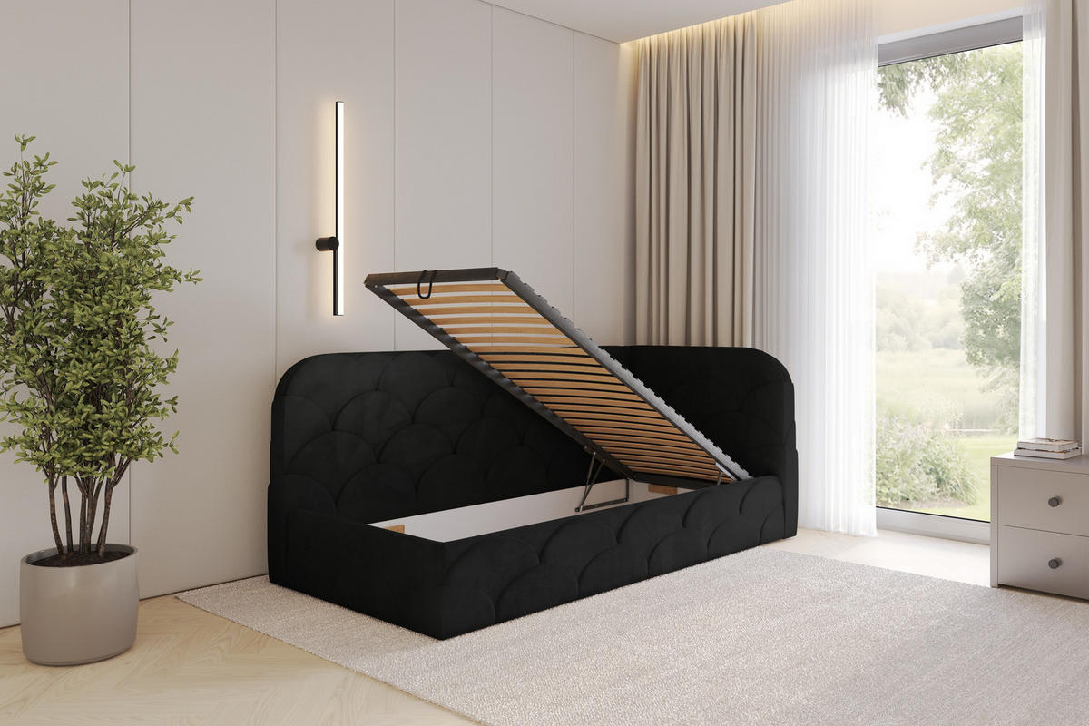 EINZELLBETT Jugendbett mit Bettkasten und Matratze H3/H4, Links - ELRY 90x200 Schwarz - Schwarz, Holzwerkstoff/Textil (90/200cm) - ALTDECOR