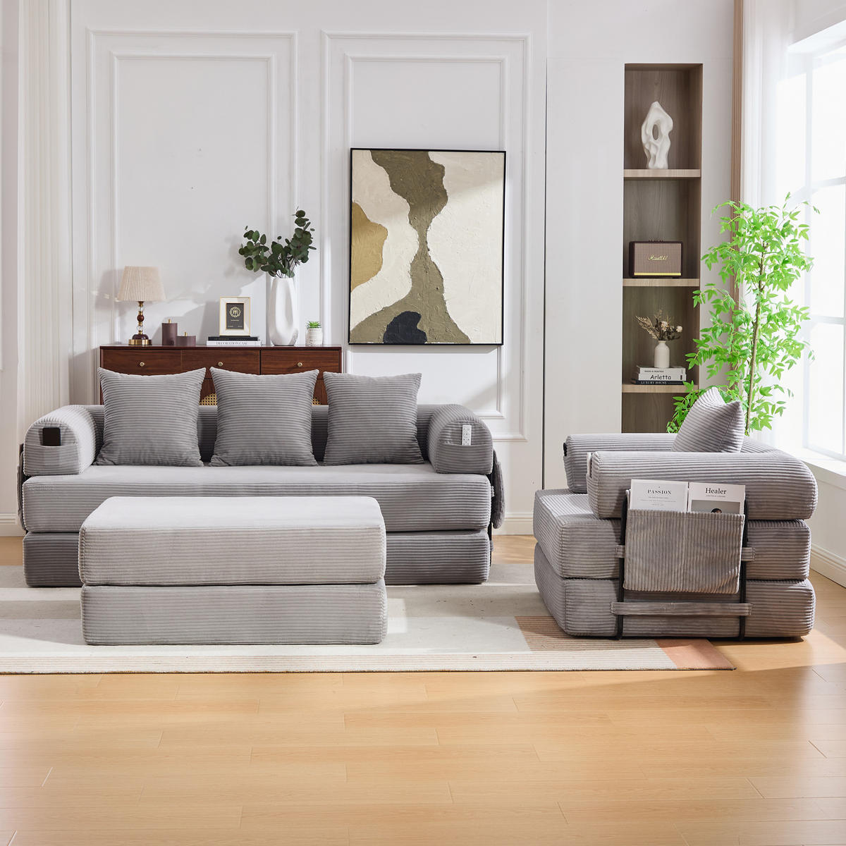 SITZGARNITUR DE-33801 modular mit Hocker Hellgrau - Hellgrau, Metall (200/67/190cm) - ComfortXL