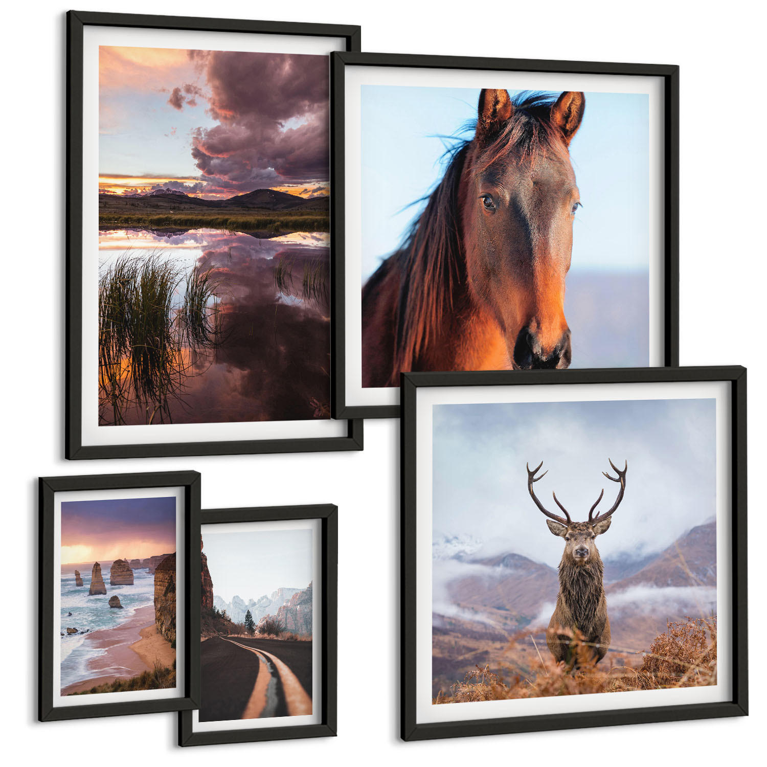 BILDER SET 5er Set - 50x50 cm & 20x30 cm & 40x60 cm Schwarzer Rahmen - Berglandschaften, Rentiere, Pferdestraße - Schwarz, Kunststoff (40/60cm) - TULUP