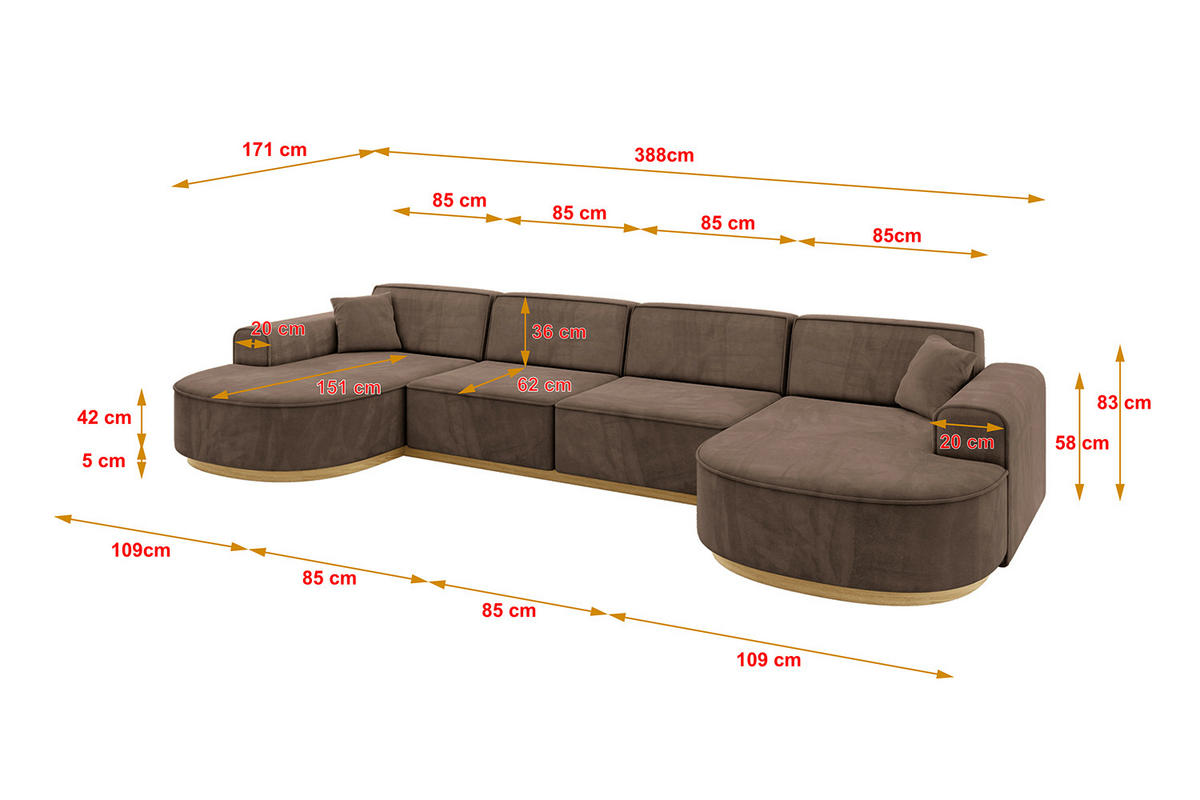 WOHNLANDSCHAFT MARI-U2-v2 - 388x171x83 cm Braun Velours - Braun, Holzwerkstoff/Textil (388/83/171cm) - ALTDECOR