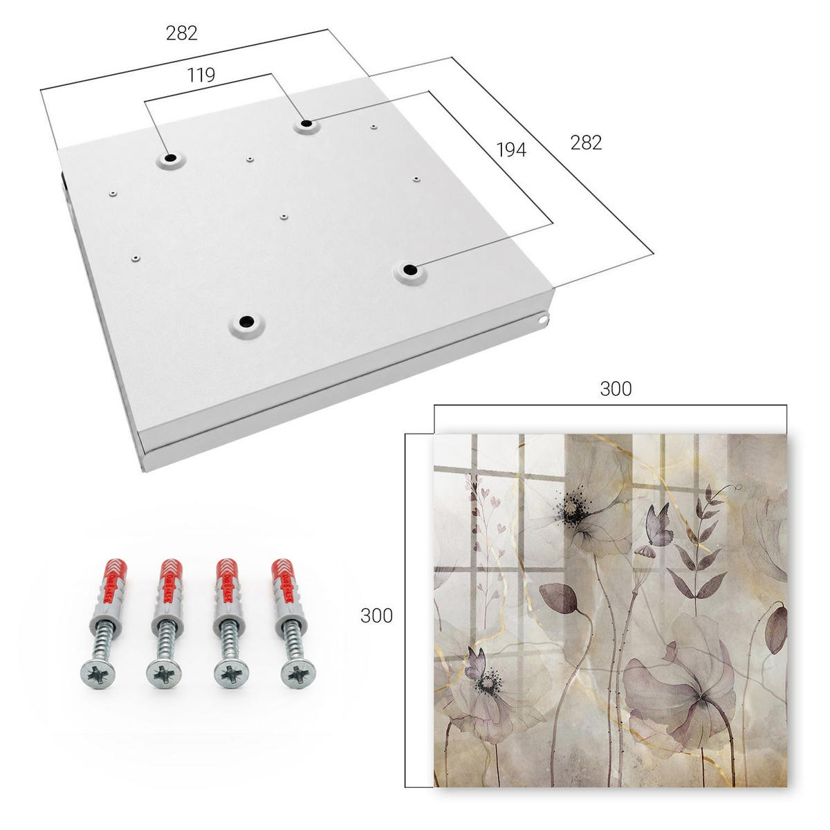 SCHLÜSSELBOX Weiß 30x30 cm – Türöffnung nach rechts - Zarte Flora - Grau, Metall (30/30/5cm) - TULUP