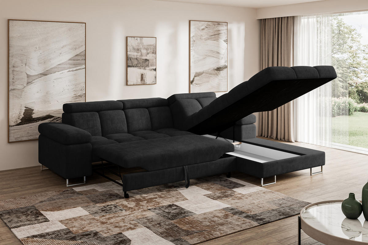 ECKSOFA mit Schlaffunktion Ottomane Rechts COMA L 271x203x79 Schwarz Velours - Schwarz, Holzwerkstoff/Textil (203/271cm) - ALTDECOR