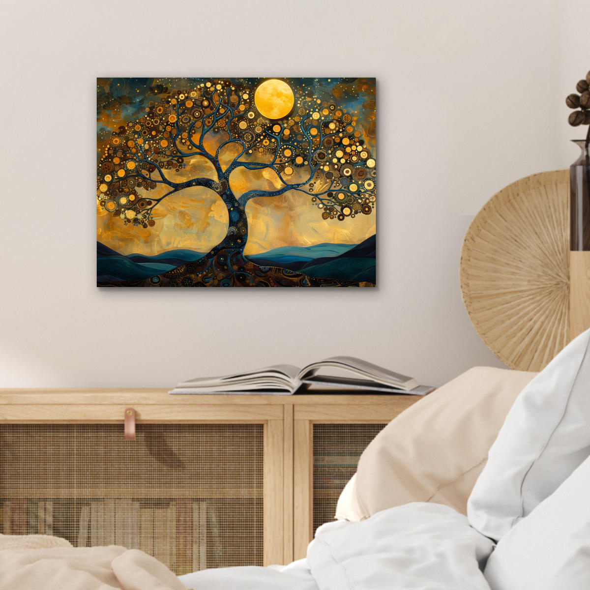 KOVOVÝ OBRAZ Strom - Mesiac - Kvety - Zlato - Umenie 40x30 cm - oranžová, kov (40/30cm) - MuchoWow