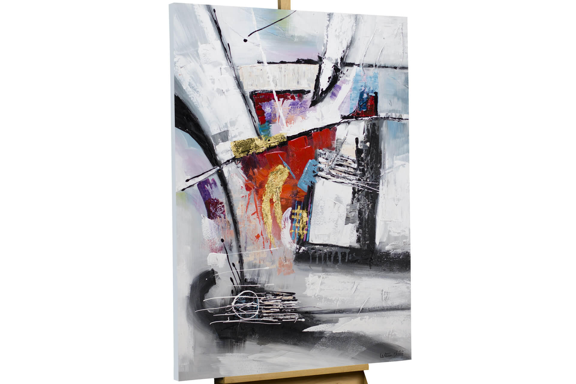 RUČNE MAĽOVANÝ AKRYLOVÝ OBRAZ 80/120 cm, sivý, abstraktný geometrický motív - sivá, drevo/textil (80/120cm) - KUNSTLOFT
