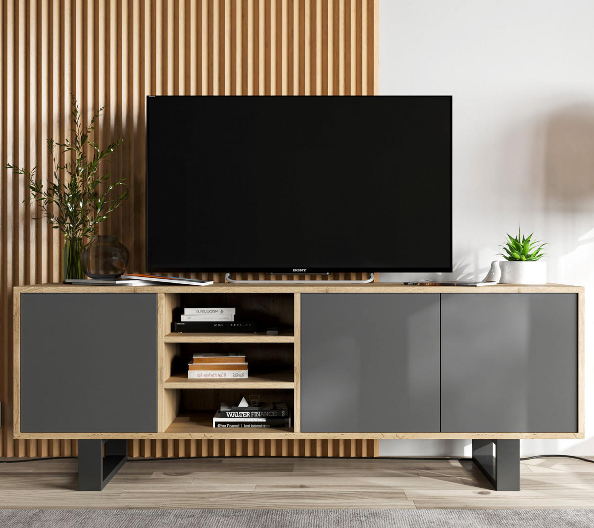TV-LOWBOARD Apollo Eiche wotan Graphit Matt mit Metallbeinen 150 cm - Graphitfarben/Schwarz, Holzwerkstoff/Metall (150/53/35cm) - Meble Lindner