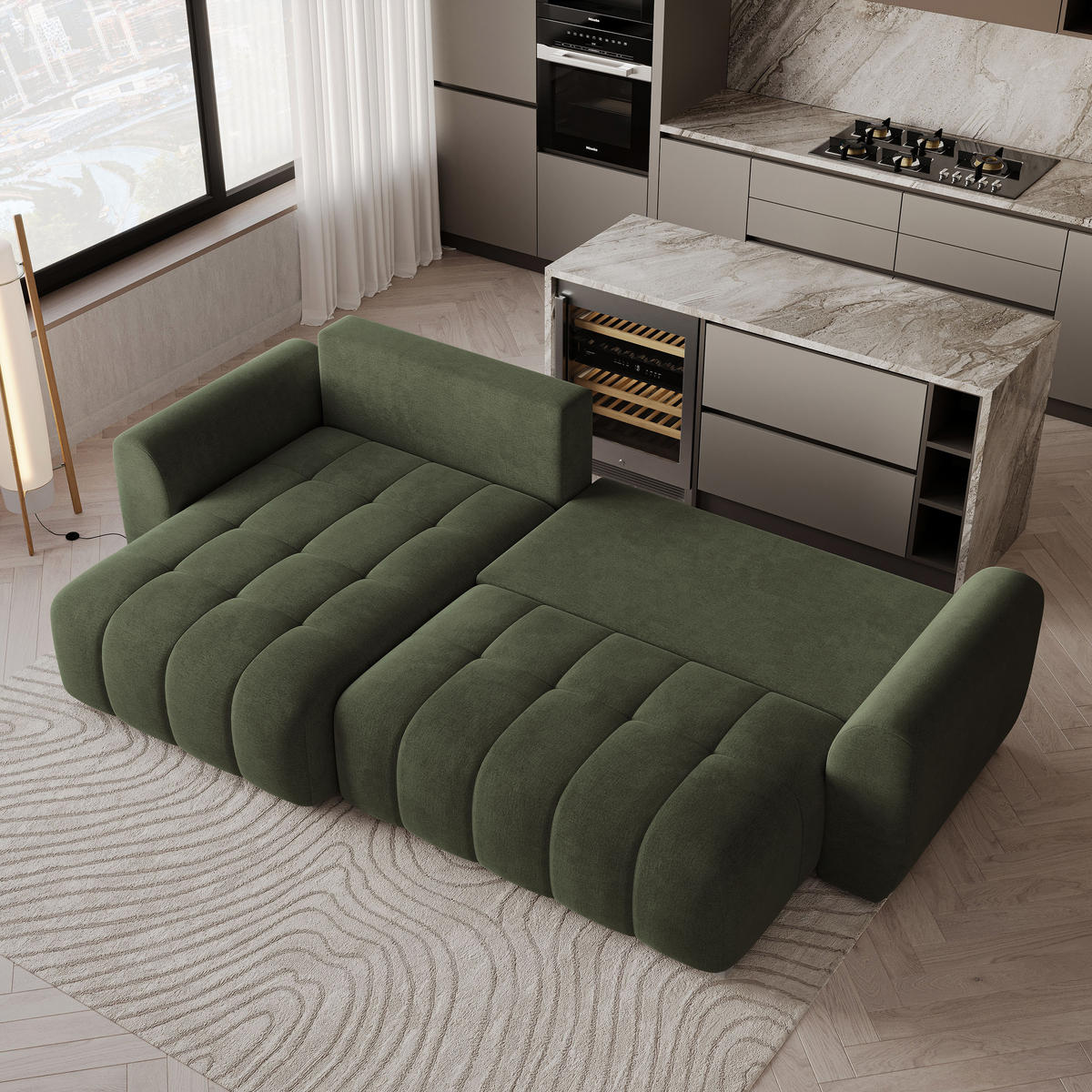 ECKSOFA MODARO CL Olivgrün Samtstoff mit Schlaffunktion - Olivgrün, Holzwerkstoff/Textil (285/148cm) - MASSENO