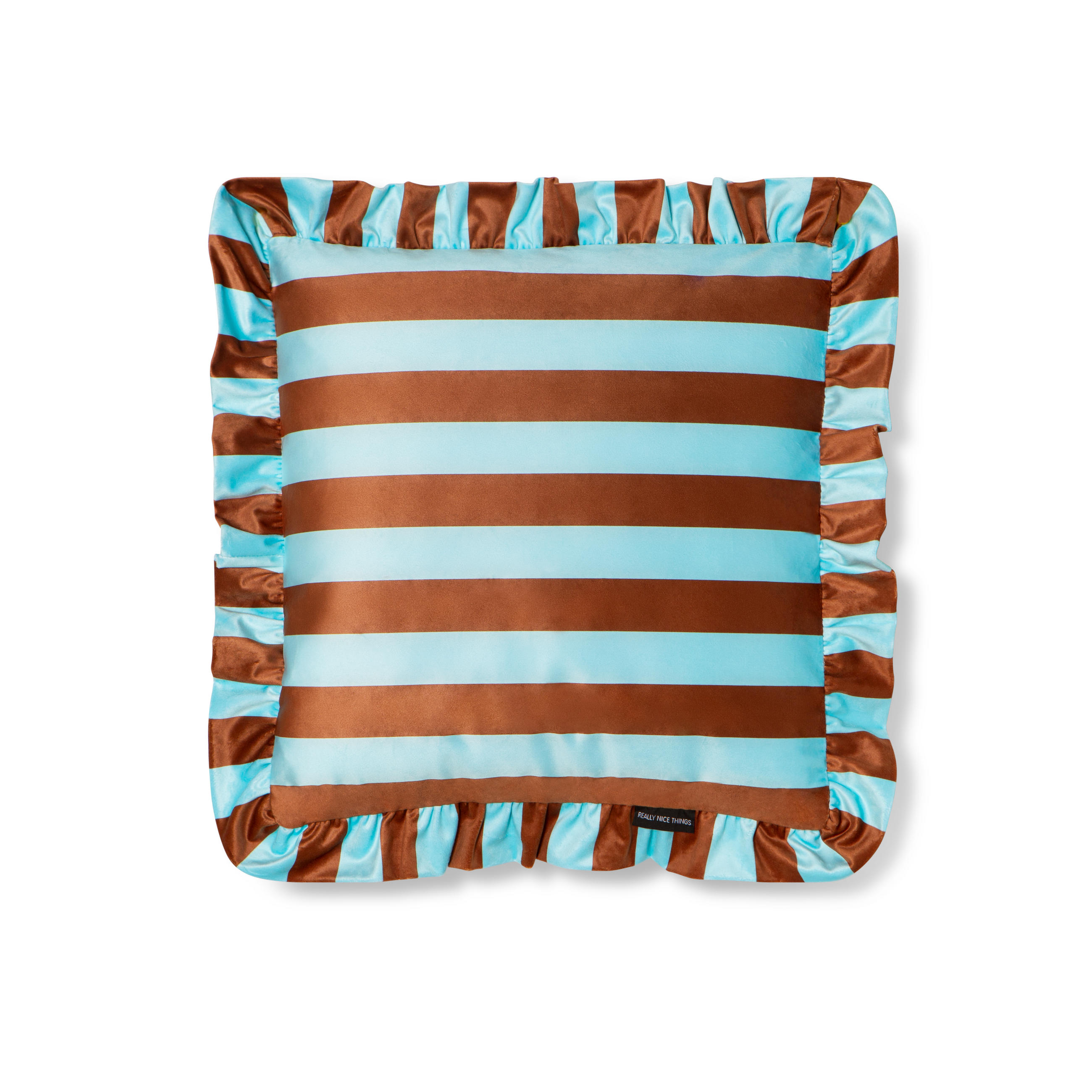 KISSEN aus bedrucktem Samt mit plissiertem Volant, braun und blau RUFFLE - Blau/Braun, Textil (55/55cm) - RNT By Really Nice Things