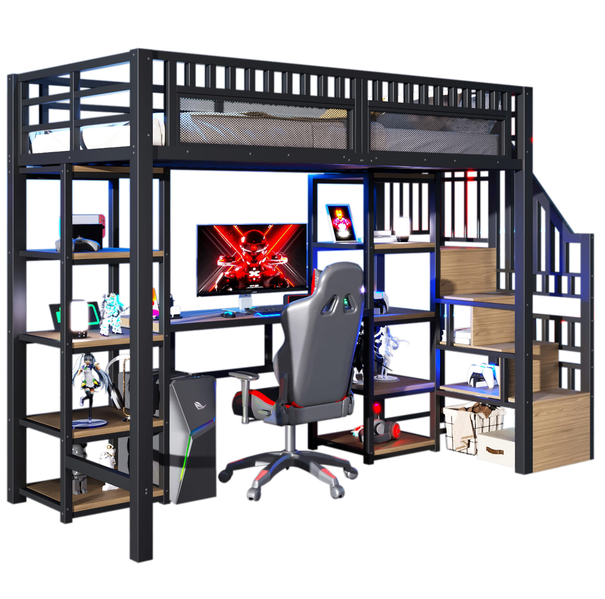 HOCHBETT 90/200 cm Schwarz aus Metall mit Schreibtisch - Schwarz, Metall (90/200cm) - OKMYHOME
