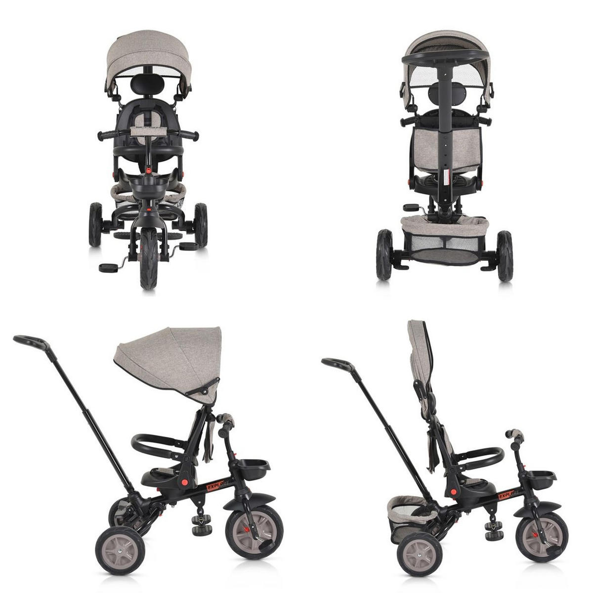 DREIRAD Explore 3 in 1 hellbraun Tricycle umkehrbarer Sitz Schiebegriff Körbe Pedale - Beige, Metall (98/52/111cm)