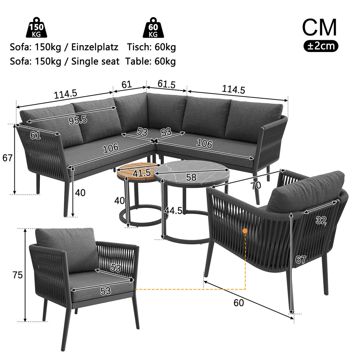GARTENLOUNGE-SET 6-teilig 114,5/61/67 cm aus Metall und Olefin, modular mit 2 Tischen und verstellbaren Füßen, Grau - Grau, Metall - Redom