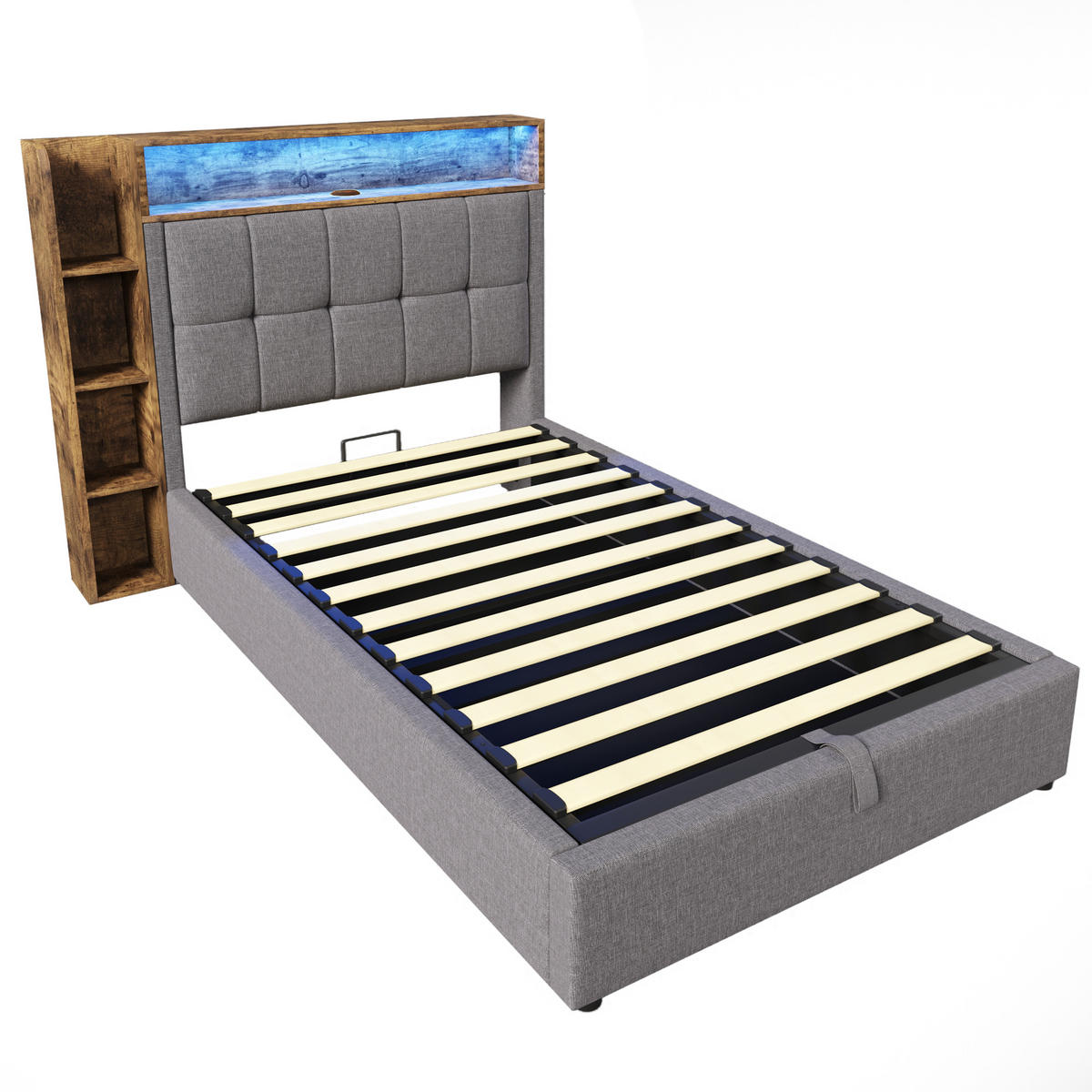 POLSTERBETT 90x200cm Grau USB-C LED-Licht App-Steuerung Leinen - Grau, Holz (90/200cm) - FLIEKS