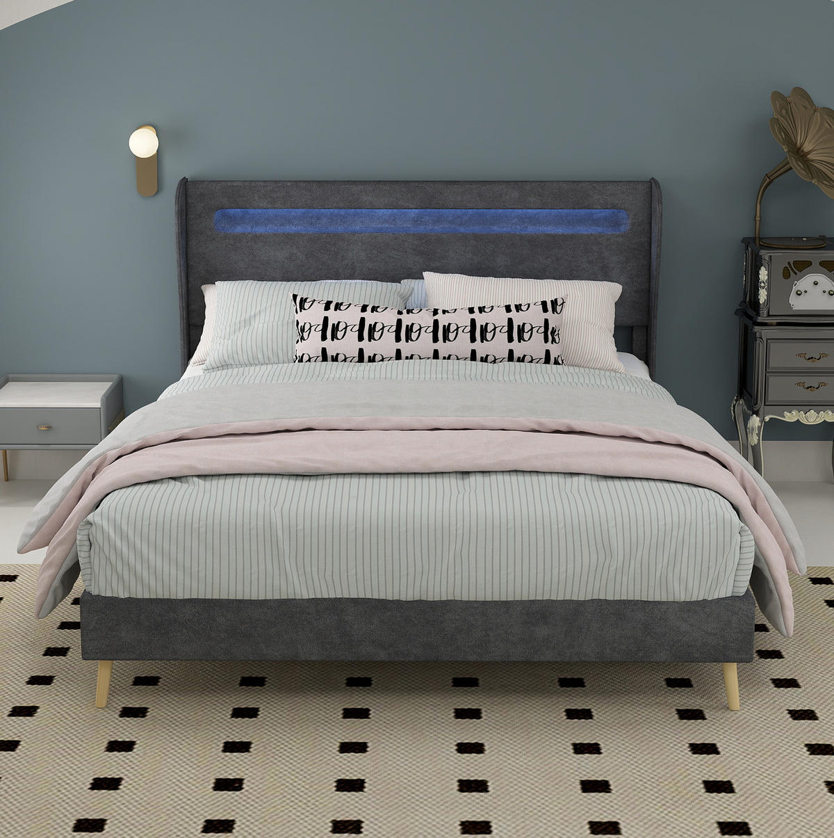 ČALOUNĚNÁ postel 140/200 cm šedá z látky a kovu s LED osvětlením a nastavitelným čelem - šedá, textil (140/200cm) - OKWISH