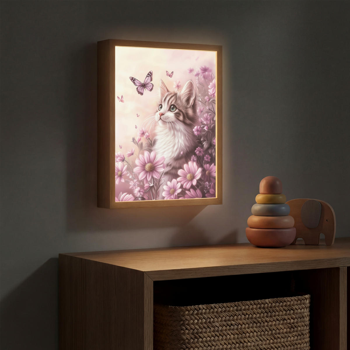 NACHTTISCHLAMPE MIT AKKU Kätzchen - Blumen - Schmetterlinge - Lila 30x40 cm - Altrosa, Holzwerkstoff (8/30/40cm) - OnlyWow