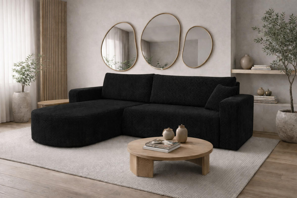 ECKSOFA Mit Schlaffunktion, Cordstoff Poso, Schwarz, Links, ROUND ONE XL - Schwarz, Holz (271/175cm) - Kaiser Möbel