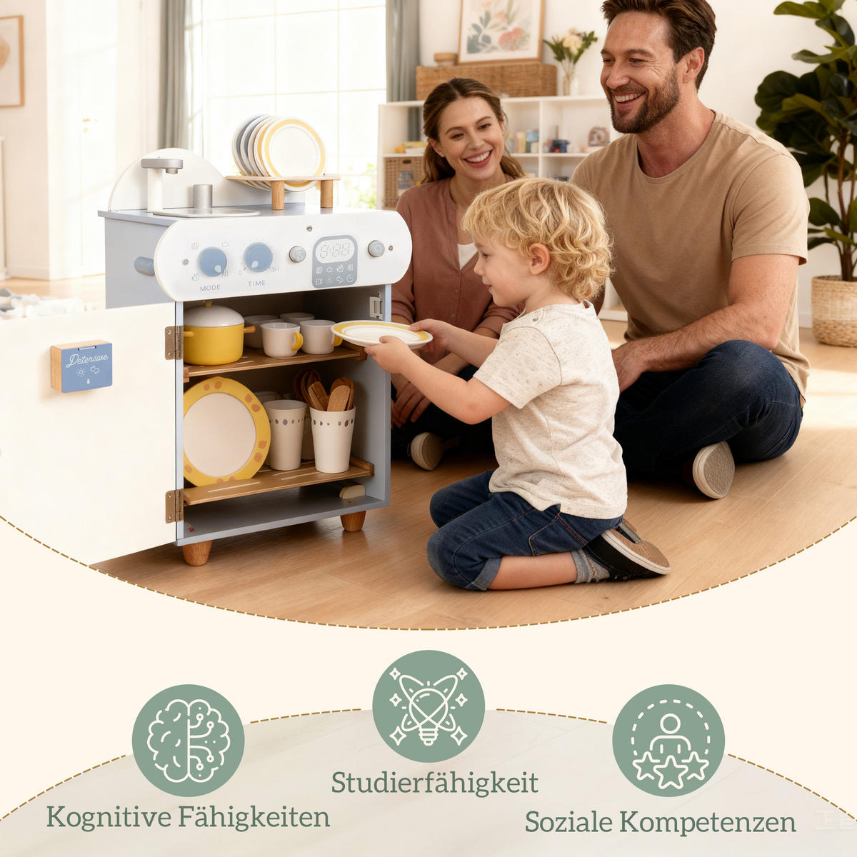 KINDER-SPIELKÜCHE mit Wasserhahn Holzgeschirrspüler - Hellblau, Holzwerkstoff (36/26/52cm) - AIYAPLAY