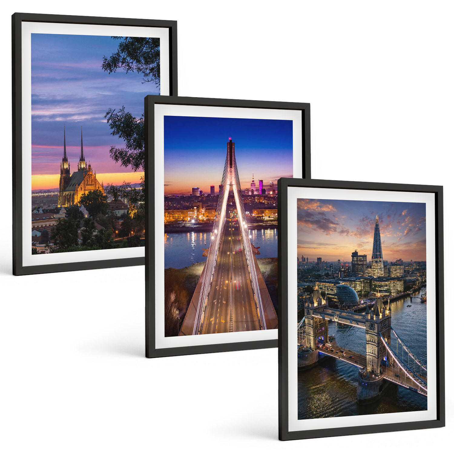 BILDER SET 3er Set - 40x60 cm Schwarzer Rahmen - Ausblicke auf Brücken und Sonnenuntergänge - Schwarz, Kunststoff (40/60cm) - TULUP