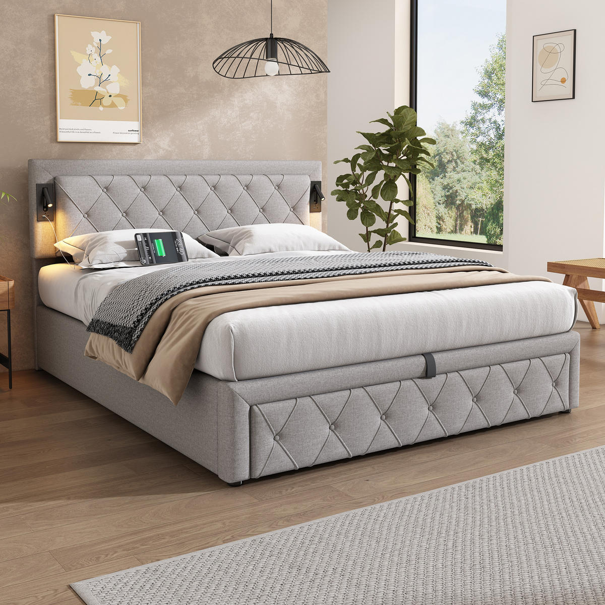 POLSTERBETT 160/200 cm in Grau Leinen mit Bettkasten, USB und LED - Grau, Holzwerkstoff/Textil (160/200cm) - WISHDOR