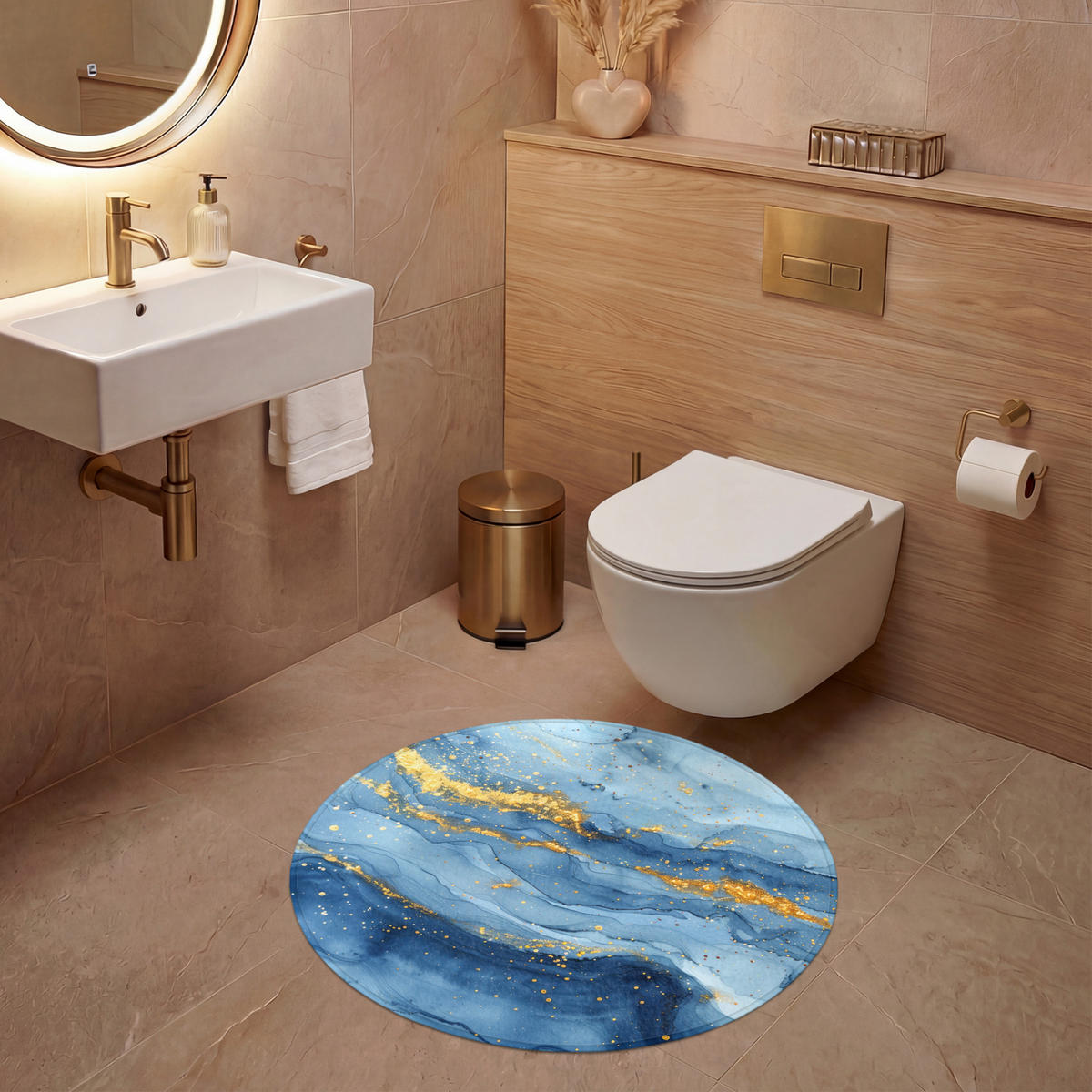 WC-VORLEGER Aquarell - Blau - Kunst - Gold - Luxus - Modern Toilettenteppich 70x70 cm - Blau, Kunststoff/Textil (70/70cm) - OnlyWow