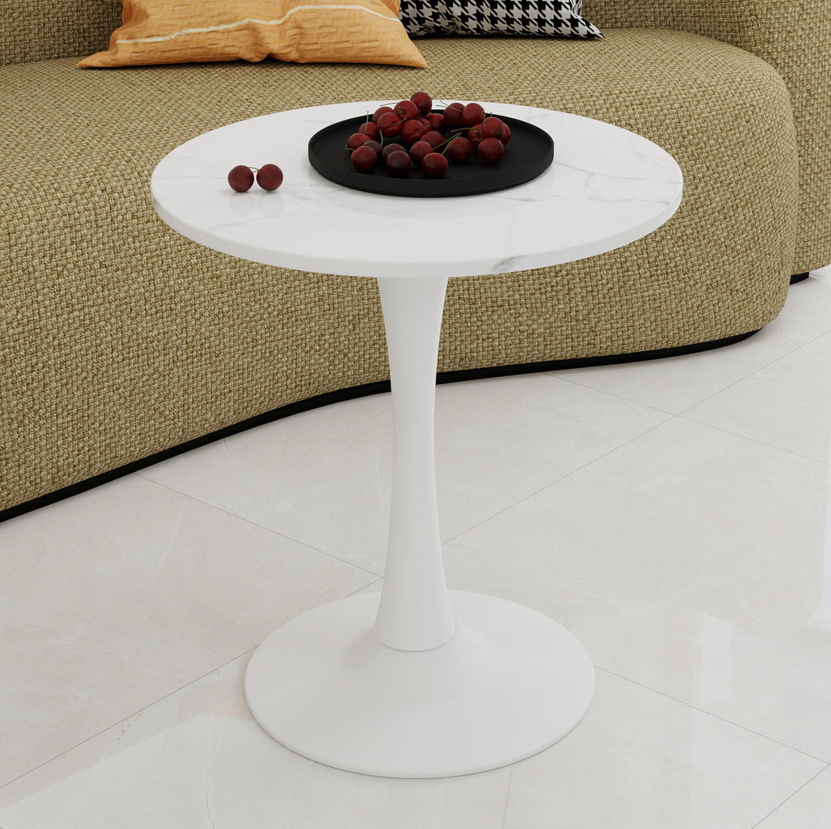BEISTELLTISCH 70/70/72 cm rund, vielseitig einsetzbar im modernen Design mit Marmoroptik, Weiß - Weiß, Stein (70/70/72cm) - Redom