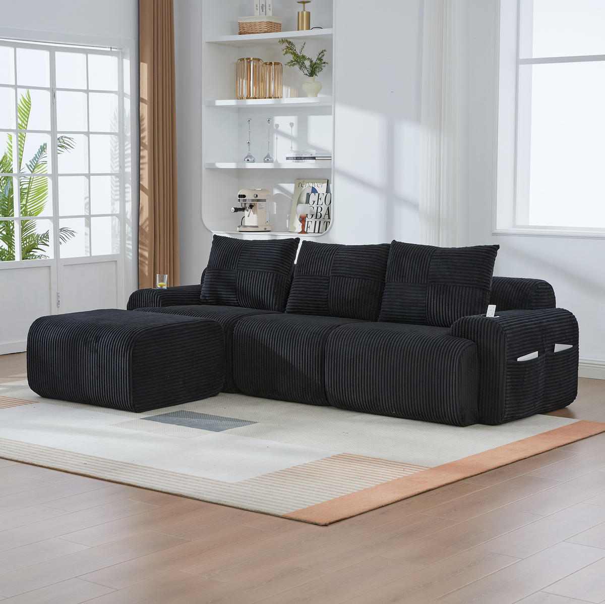 MODULARES 3-Sitzer Sofa Cordstoff mit Getränkehalter und Seitentasche 268/174/80 cm Schwarz - Schwarz, Textil (174/268cm) - Redom