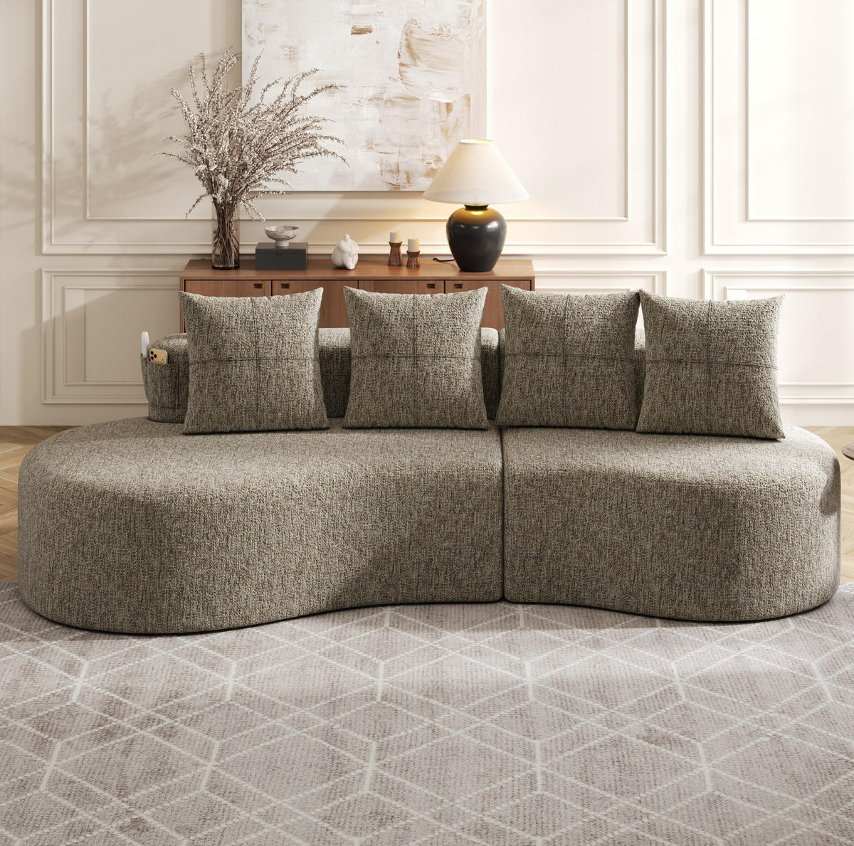 SOFA 240/109/60 cm in Khaki mit Becherhalter, Seitentaschen und 4 Kissen - Sandfarben, Textil (109/63/240cm) - Flora Grace