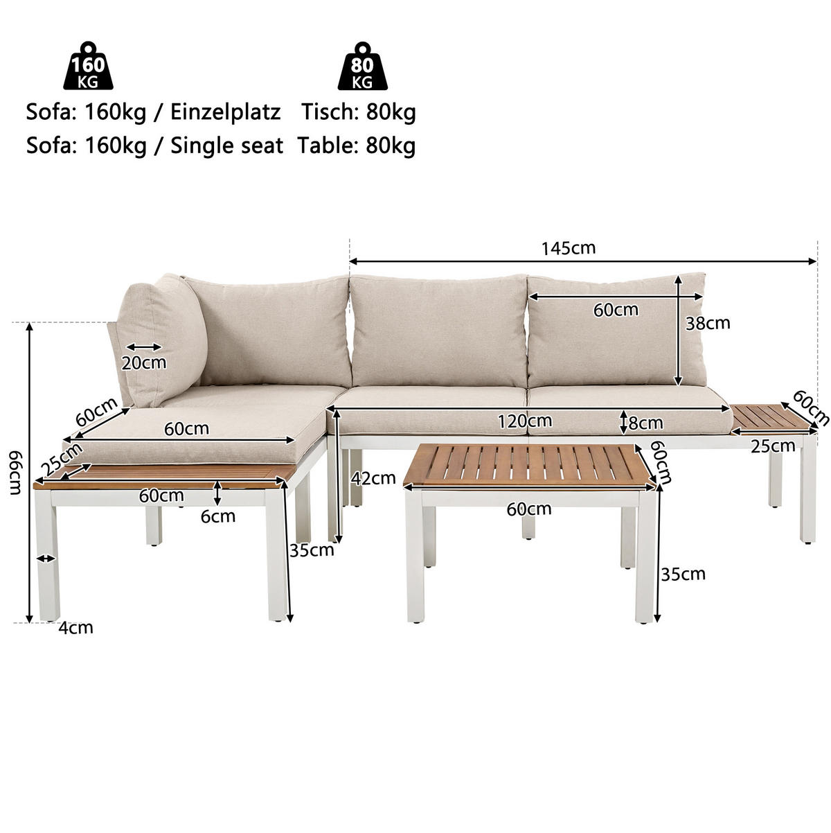 GARTENLOUNGE-SET mit Stahlgestell & Akazien-Optik, 2/ Sofa 120/60/66 cm, Beige - Beige, Metall - Redom