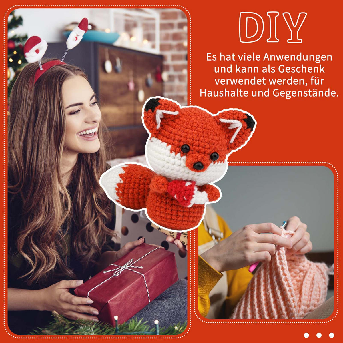 KOMPLET za kvačkanje rdeče lisice, komplet za začetnike z navodili za samostojno izdelavo, komplet za kvačkanje amigurumi za otroke in odrasle - rdeča, tekstil (1/1/1cm)