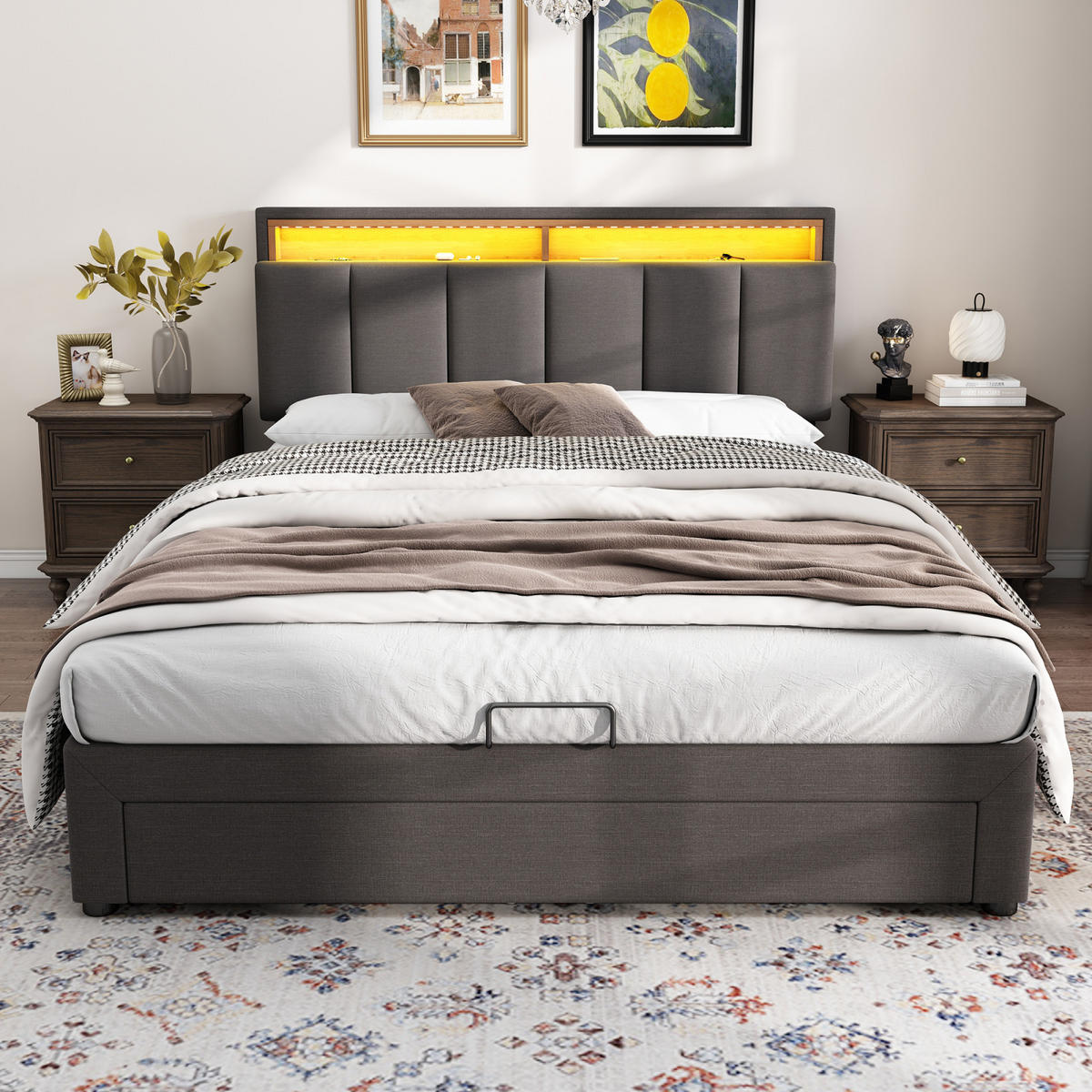 POLSTERBETT 140x190 cm Grau Leinen LED USB Bettkasten - Grau, Holz (140/190cm) - SHOPENTRA