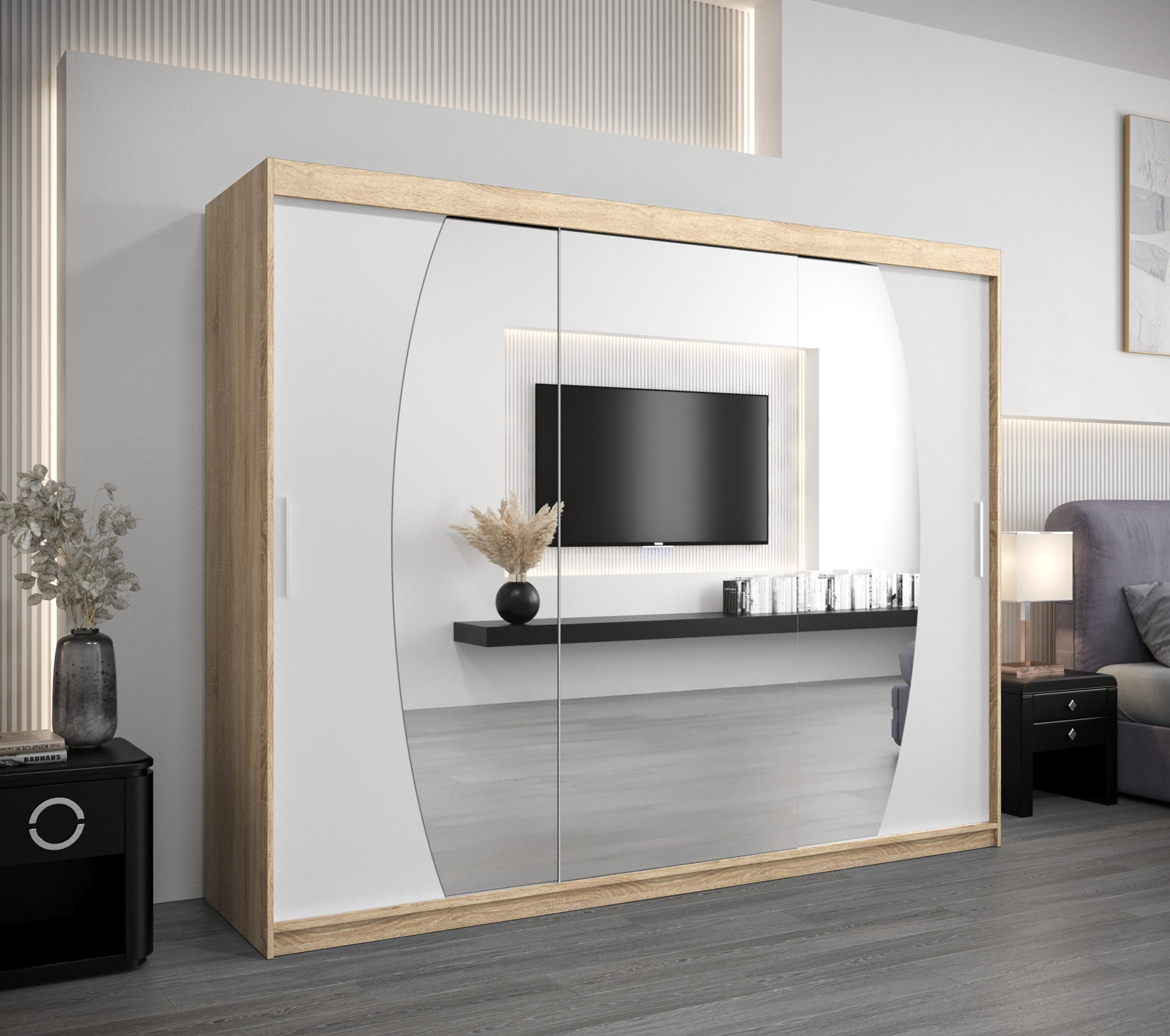 SCHWEBETÜRENSCHRANK 200/250/62 3-türig - Silberfarben/Weiß, Holz/Kunststoff (250/200/62cm) - Abiks Möbel