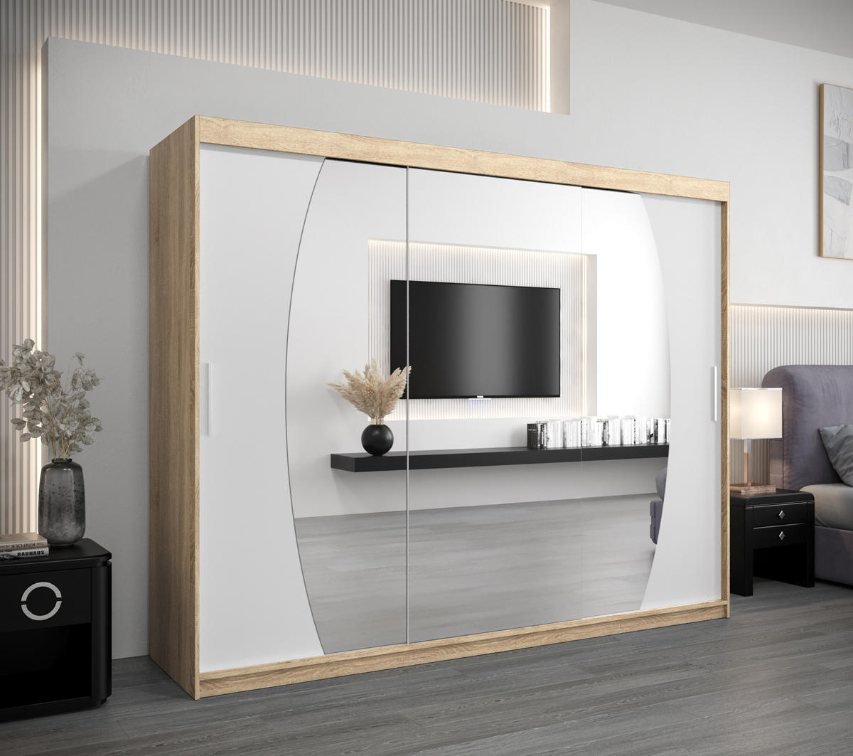 SCHWEBETÜRENSCHRANK 200/250/62 3-türig - Silberfarben/Weiß, Holz/Kunststoff (250/200/62cm) - Abiks Möbel