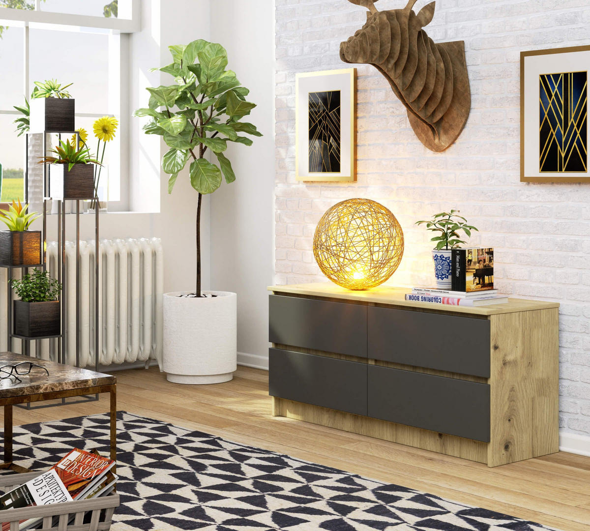 KOMMODE K120 4SZ, Artisan-Grau, 120x40x55 cm - Eiche Artisan/Grau, Holz (40/55/120cm) - Milordbikes