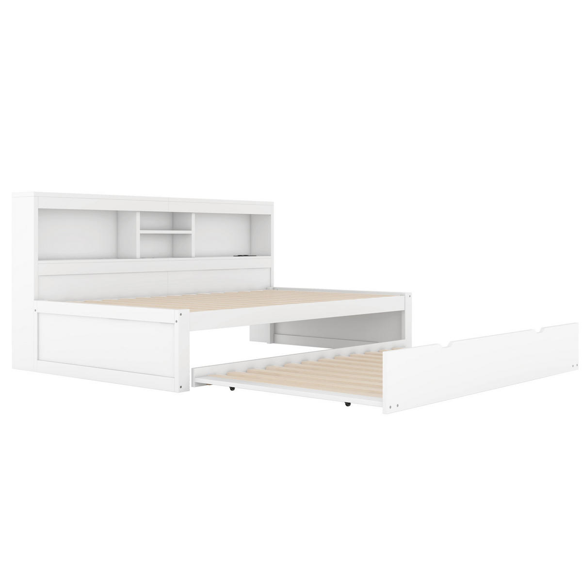TAGESBETT 90/200 cm mit Ausziehbett, LED-Beleuchtung, USB und Stauraum aus Spanplatte und MDF, Weiß - Weiß, Holzwerkstoff (90/200cm) - Redom