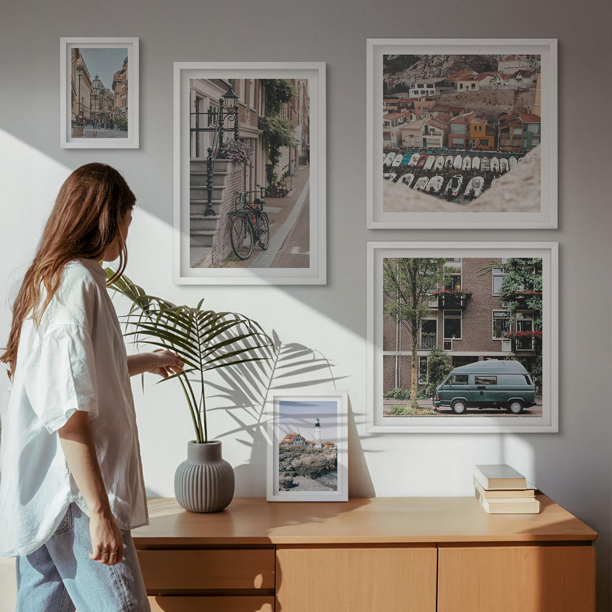 WANDBILDER 5er-Set - 50x50 cm & 20x30 cm & 40x60 cm Weißer Rahmen - Elegante Muster auf Steinen - Weiß, Kunststoff (40/60cm) - ArtPrintCave