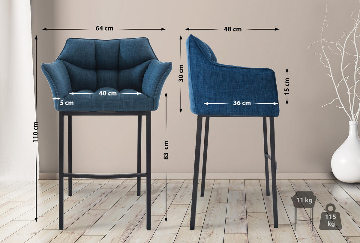 BARHOCKER 2er Set Stoff Blau - Blau/Schwarz, Textil/Metall (64/110/48cm) - CLP