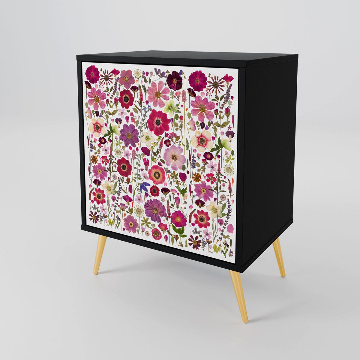 SIDEBOARD PETAL GARDEN, Schwarz, 57,5x42x67,5 cm, Schwarze Metall-Rahmenfüße - Multicolor/Schwarz, Holzwerkstoff/Metall (57.5/67.5/42cm) - SpaceRebels