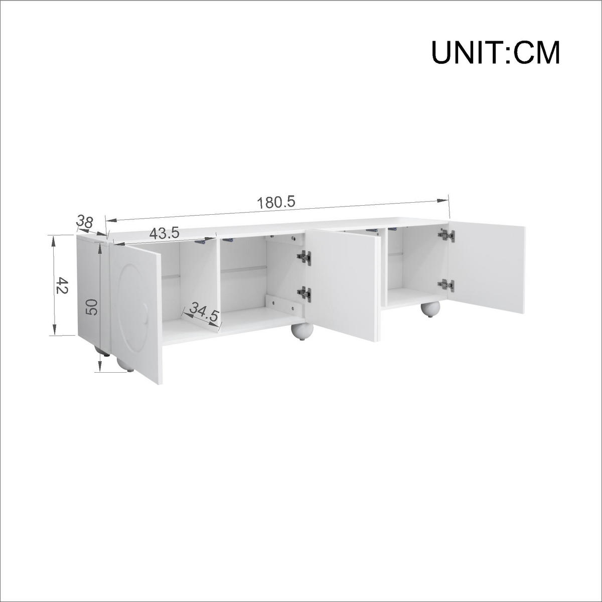 LOWBOARD in Weiß TV-Schrank mit 3D-Wandrelief-Türpaneelen für Wohnzimmer, B180.5/T38/H50 cm - Weiß, Holzwerkstoff/Metall (180.5/50/38cm) - STILVORA