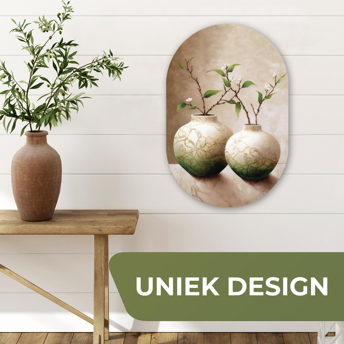 WANDBILD Blumen - Vase - Weiß - Botanisch - Beige Deko Wohnzimmer 40x60 cm - Ecru, Kunststoff (40/60cm) - MuchoWow