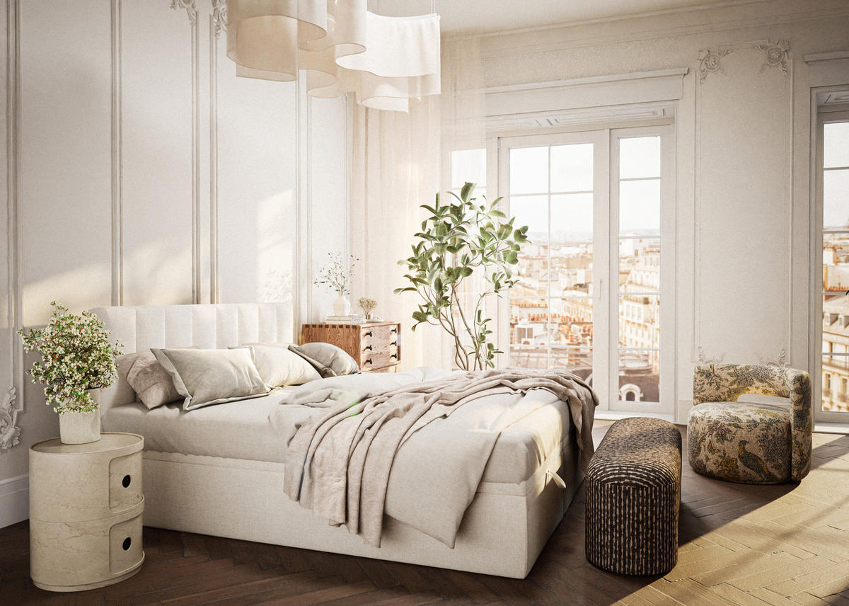BOXBETT 160/200 cm Lovage S, in Creme, Matratze, gepolstertes Kopfteil, Bettkasten, H3 = fest - Creme/Schwarz, Holz/Holzwerkstoff (160/200cm) - Maison de Reve