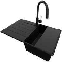 GRANITSPÜLE Kopenhagen, 2-er set Alles Schwarz 78/50 cm 1 Becken + Küchenarmatur 40/20 cm + Ablauf-Set + Schneidebrett ab 45er Unterschrank - Schwarz, Kunststoff (78/20/50cm) - Primagran