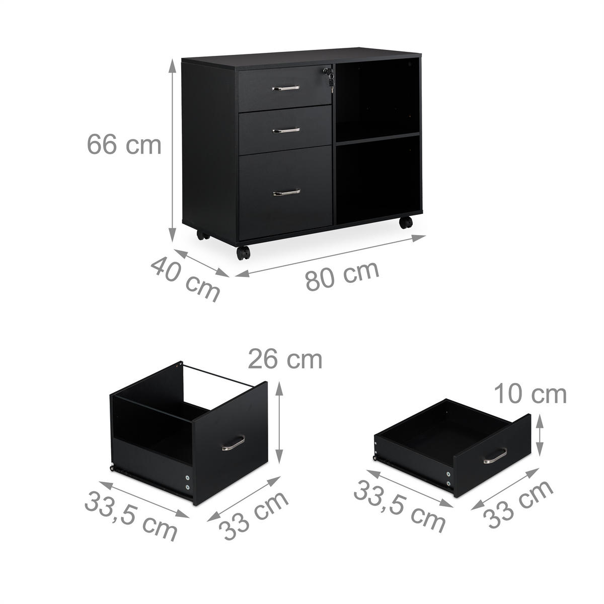 ROLLCONTAINER - Silberfarben/Schwarz, Holzwerkstoff/Kunststoff (80/66/40cm) - Relaxdays