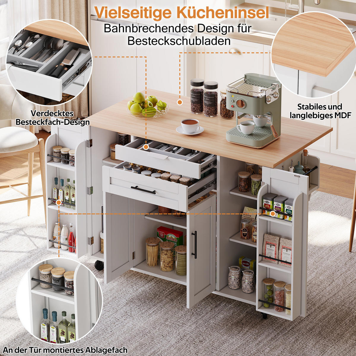 KÜCHENINSEL mit ausziehbarer Arbeitsplatte 120 x 45 cm Weiß/Natur - Weiß, Holz (70/92/136cm) - Beauniv