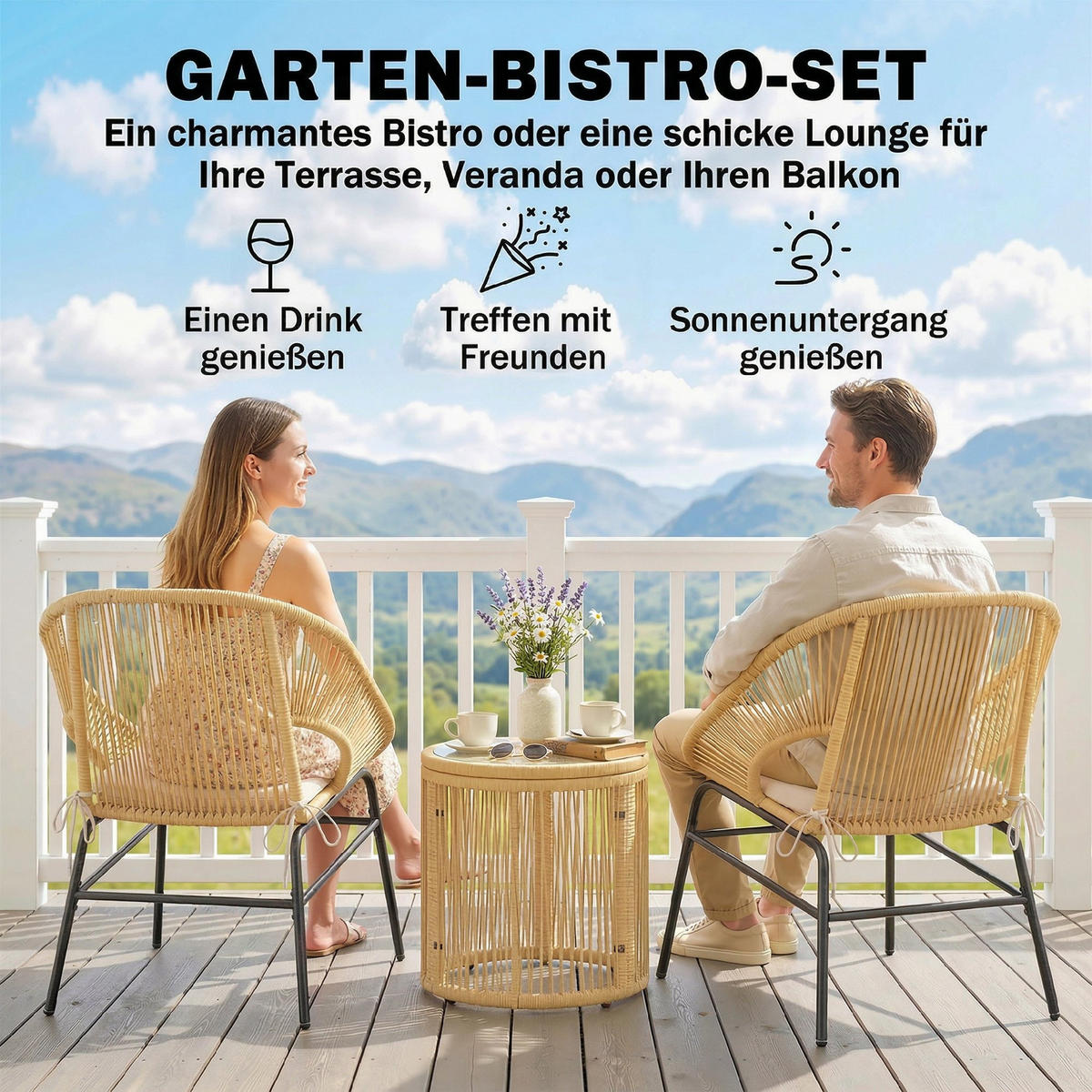 BISTROSET 3-teilig aus Stahl PE-Rattan Beige - Beige/Schwarz, Textil/Metall - Outsunny