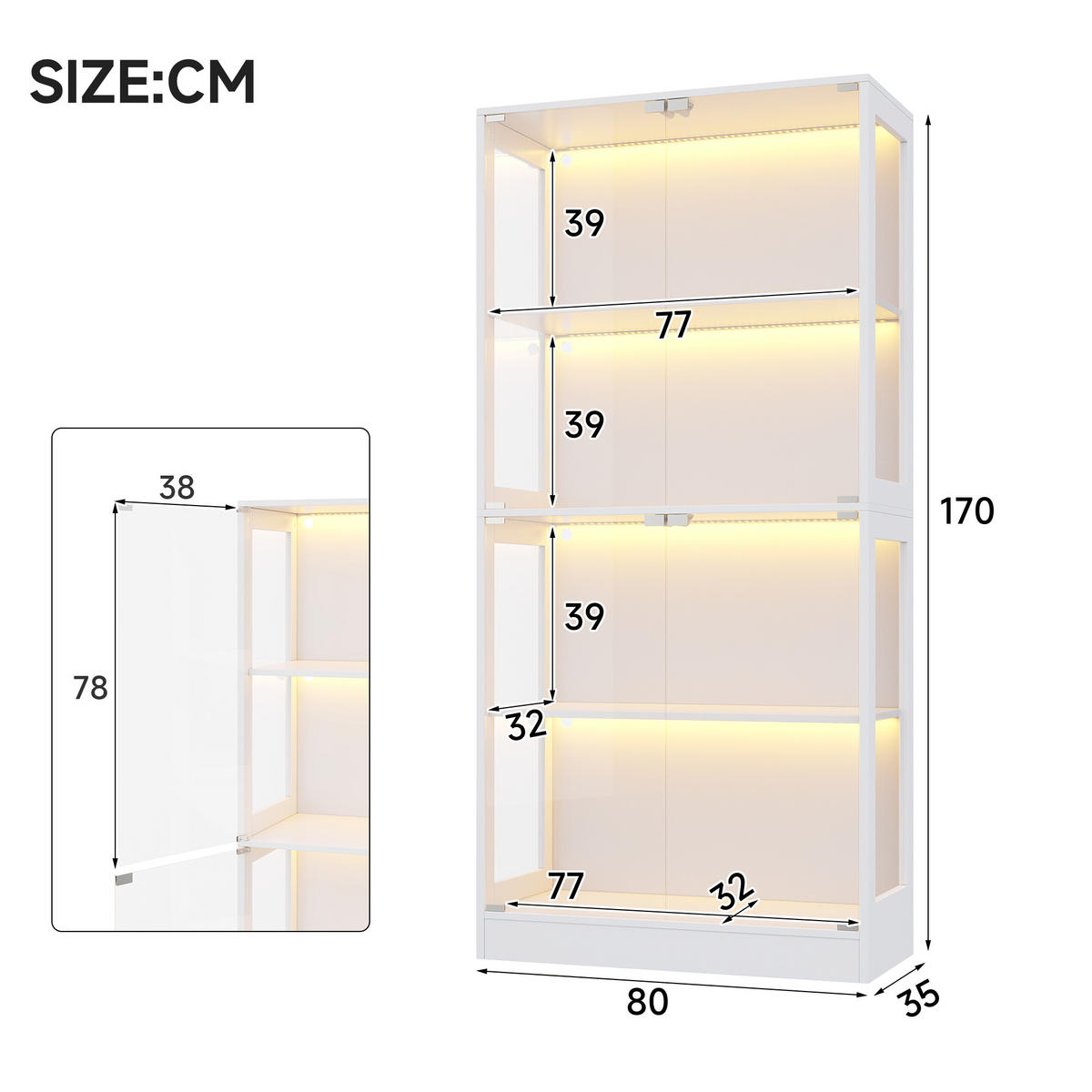 VITRINE 4 Ebenen Stauraum, App-gesteuertem LED-Licht, Push-to-Open Türen 80/35/170 cm - Transparent/Weiß, Glas/Holzwerkstoff (80/170/35cm) - EVRYAE