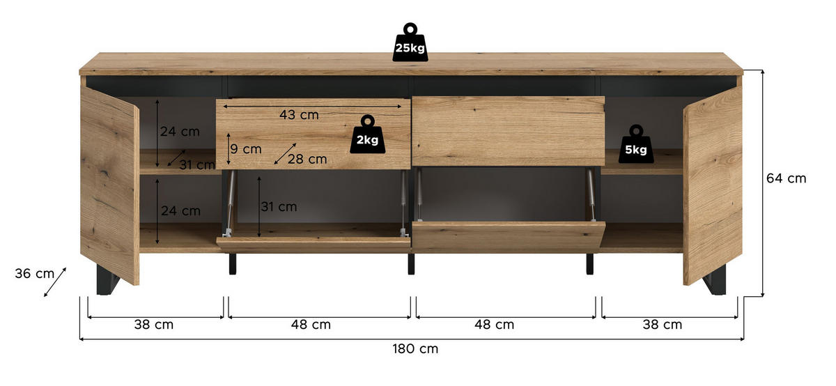 LOWBOARD TOMASA (B/H/T: ca. 188/65/36 cm) in Evoke Oak Nachbildung/Evoke Oak Nachbildung - Eichefarben, Holzwerkstoff (188/65/36cm)