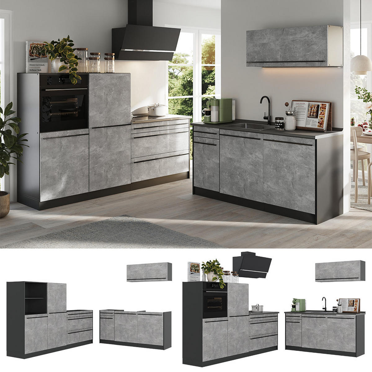 KUCHYŇSKÝ KOUT R-Line, Beton/Antracit, 220 cm bez pracovní desky - šedá/antracitová, kompozitní dřevo (220/143/46cm) - Vicco
