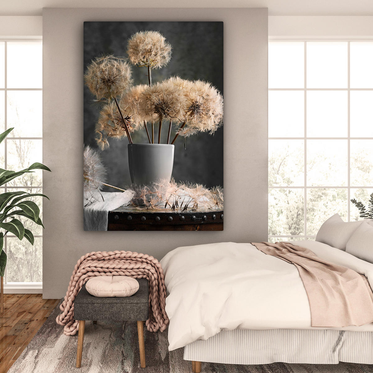 LEINWANDBILD Blumensamen - Löwenzahn - Vase - Stilleben - Blumenstrauß Deko Groß 90x140 cm - Dunkelgrau, Textil (90/140cm) - MuchoWow