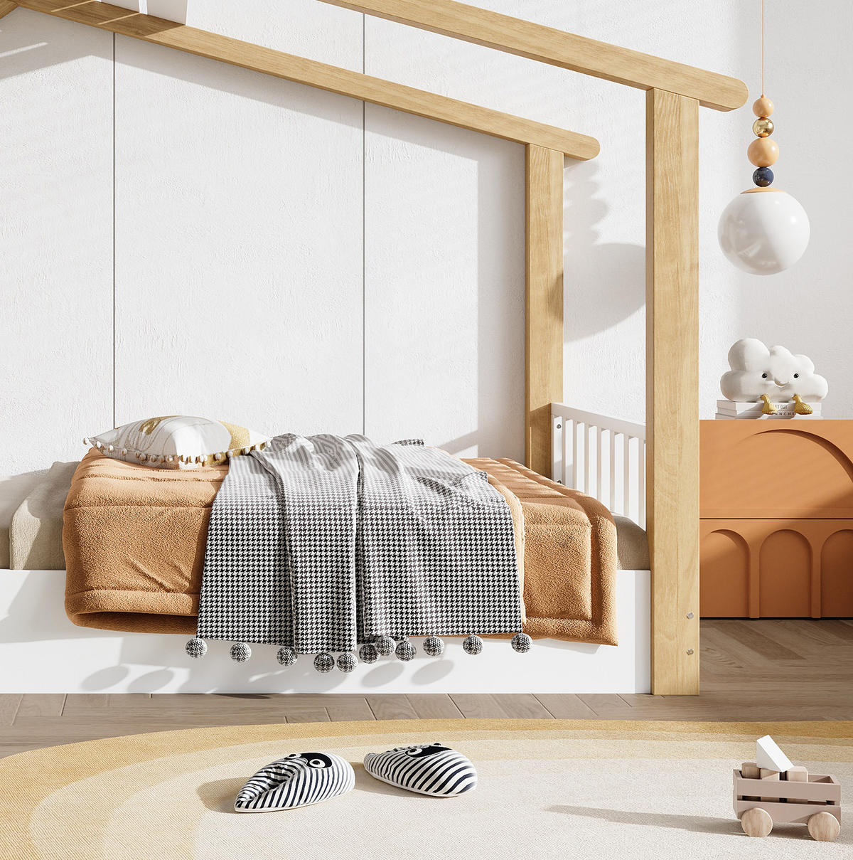 KINDERBETT 90/190 cm mit Hausdesign und stabilem Lattenrost aus Kiefer, MDF und Spanplatte, Weiß/Natur - Weiß, Holz (90/200cm) - Redom