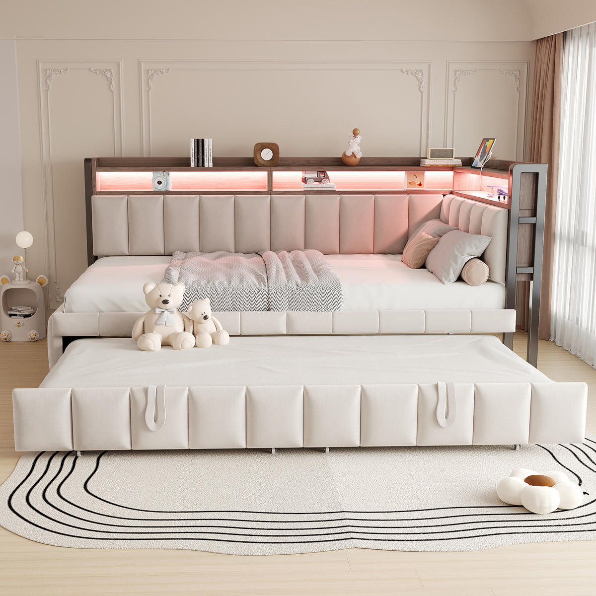 SCHLAFSOFA 90x200cm mit Ausziehbett, LED, USB-C, Beige - Beige, Textil (90/200cm) - FLIEKS